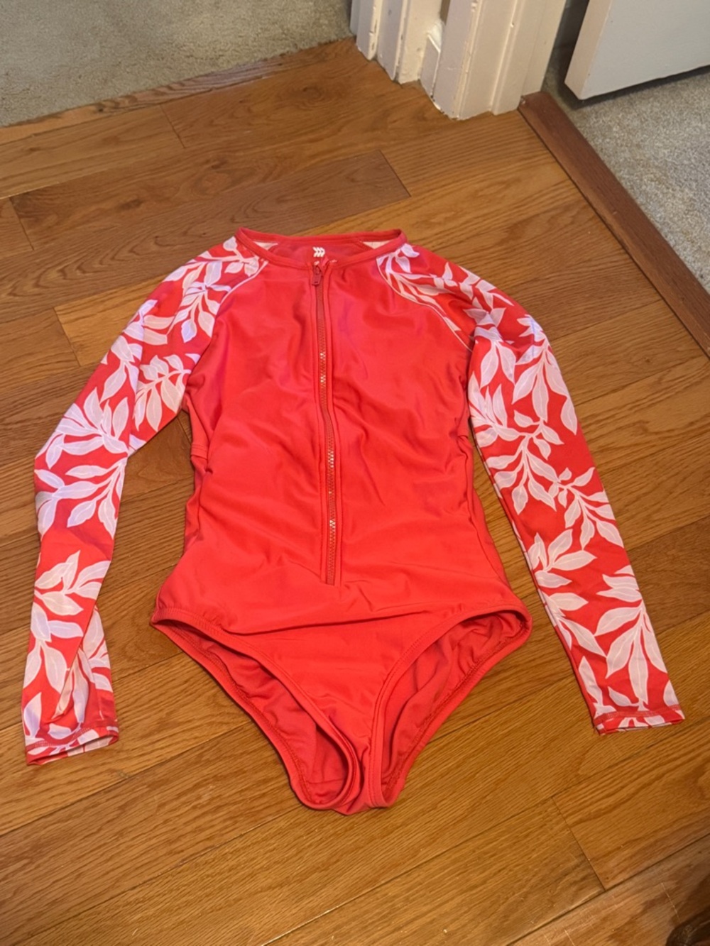 Red Long Sleeve One-Piece Swimsuit with White Leaf Print Sleeves